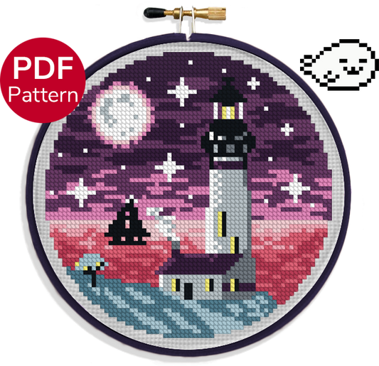 cross stitch pattern of a lighthouse under a moonlit sky with a boat visible on the sea