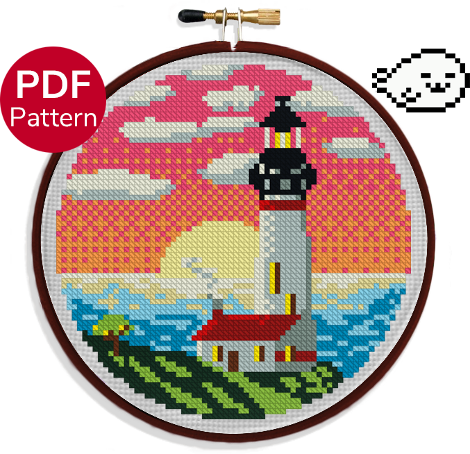 cross stitch pattern of a lighthouse during sunset