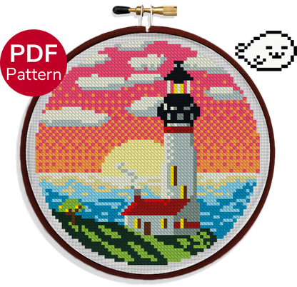 cross stitch pattern of a lighthouse during sunset