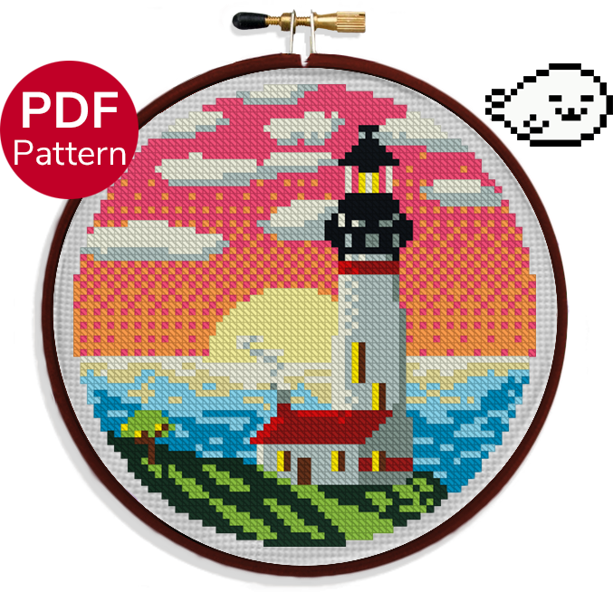 Lighthouse at Sunset - Cross Stitch Pattern - Landscape - Colorful - Cute - Modern Cross Stitch