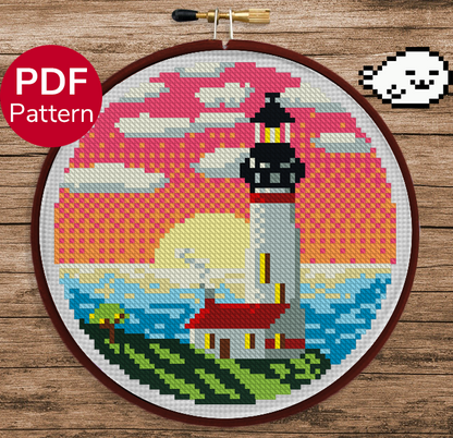 Lighthouse at Sunset - Cross Stitch Pattern - Landscape - Colorful - Cute - Modern Cross Stitch
