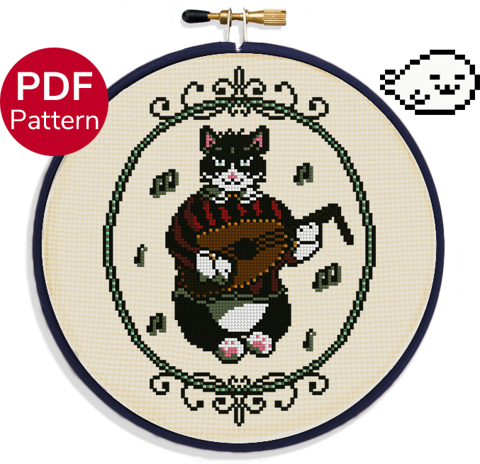 Cat playing the lute - Cross Stitch Pattern