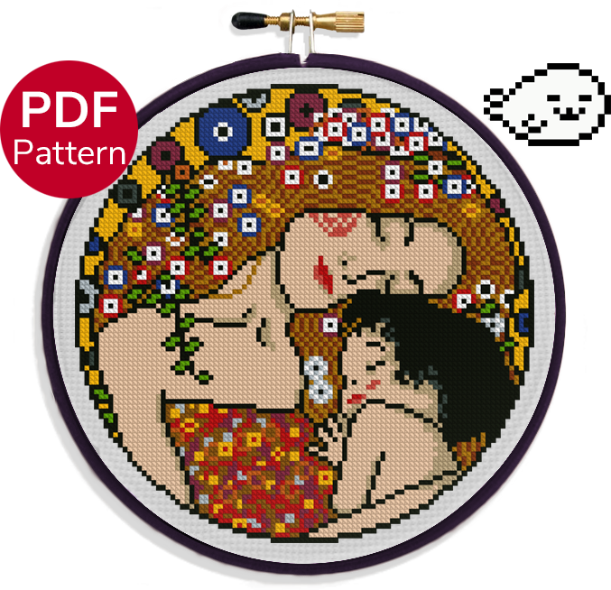 cross stitch pattern of the painting mother and child with extra covering on the dress