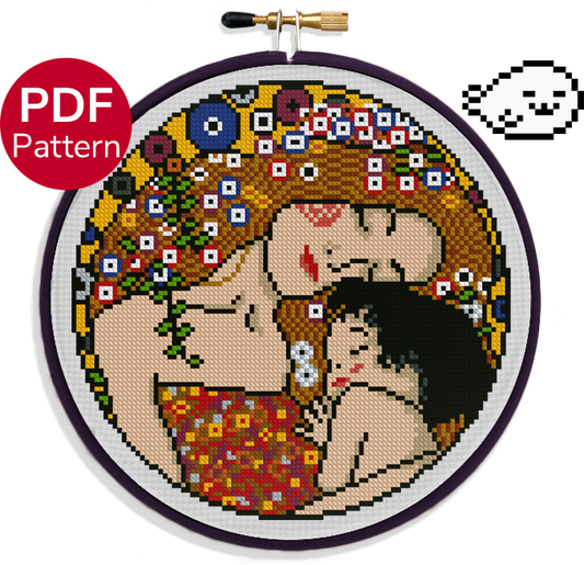 cross stitch pattern of the painting mother and child with extra covering on the dress