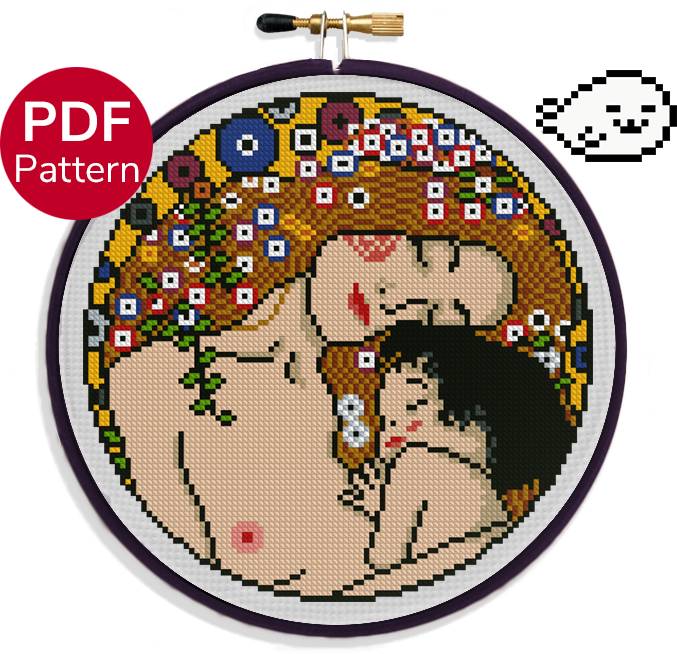 cross stitch pattern of the mother and child painting by gustav klimt