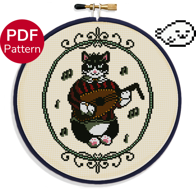 cross stitch pattern of a cat playing a lute