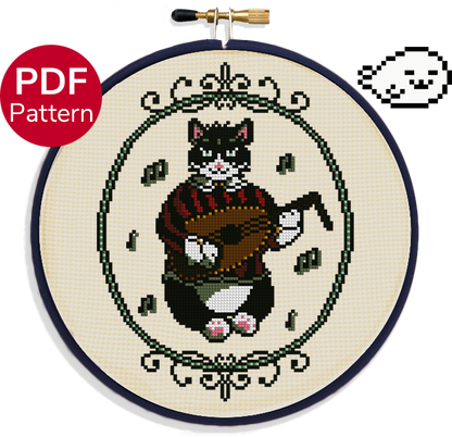 cross stitch pattern of a cat playing a lute