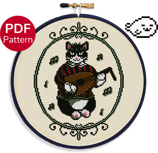 cross stitch pattern of a cat playing a lute