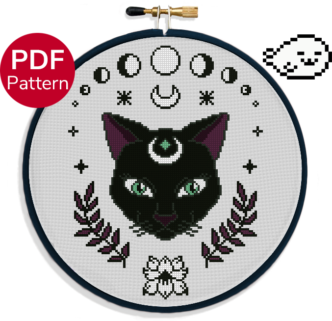 cross stitch pattern of a black cat with mystical markings and moon phases and plants around it