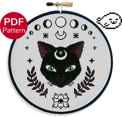 cross stitch pattern of a black cat with mystical markings and moon phases and plants around it