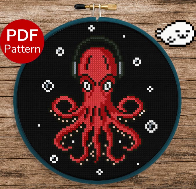 Octopus Wearing Headphones - Cross Stitch Pattern