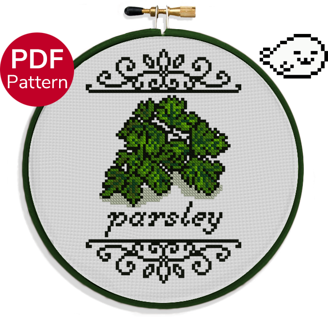 cross stitch pattern of parsley leaves with ornate decoration around it