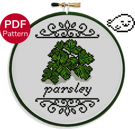 cross stitch pattern of parsley leaves with ornate decoration around it