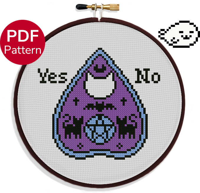 cross stitch pattern of a cat planchette with an yes and no on each side