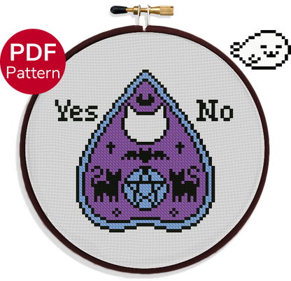 cross stitch pattern of a cat planchette with an yes and no on each side