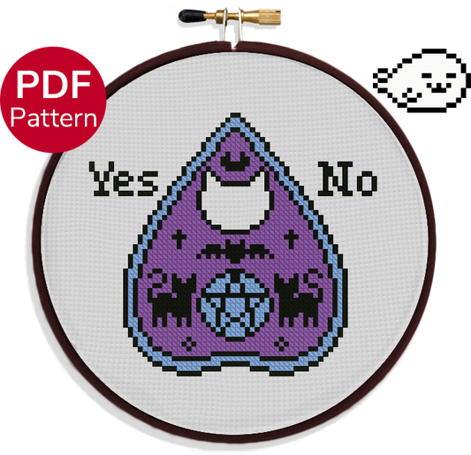 cross stitch pattern of a cat planchette with an yes and no on each side