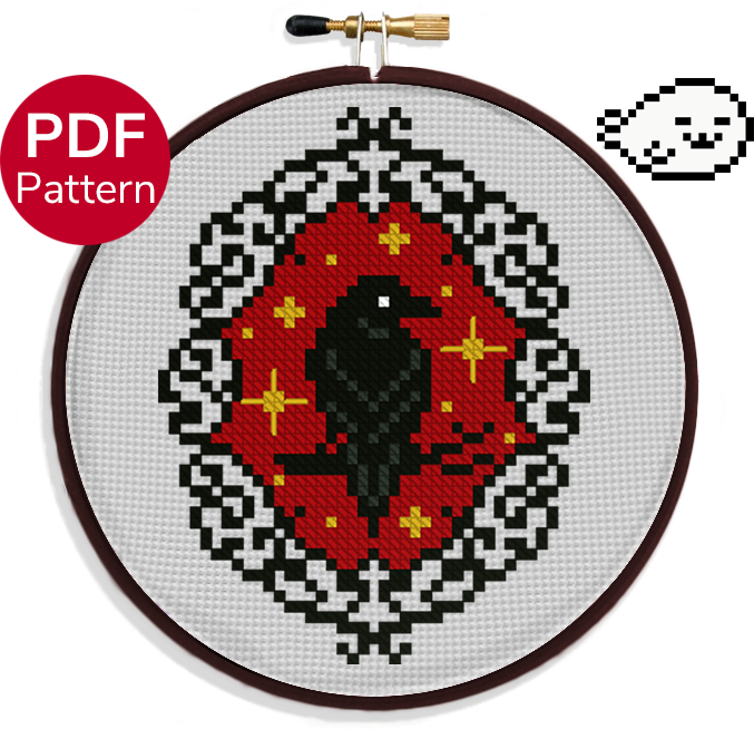 cross stitch pattern of a raven ornament with a gothic frame and red background