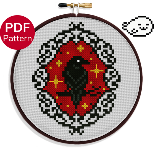 cross stitch pattern of a raven ornament with a gothic frame and red background