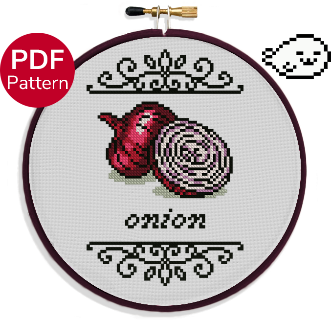 cross stitch pattern of two red onions, one chopped in half, with ornate decoration around it