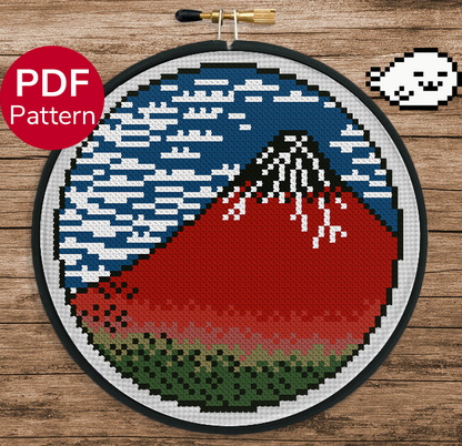 Red Fuji - Fine Wind, Clear Morning - Hokusai - Cross Stitch Pattern