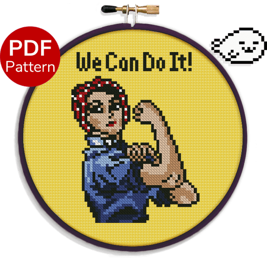 cross stitch pattern of the feminist icon Rosie the riveter with the quote: "We can do it"