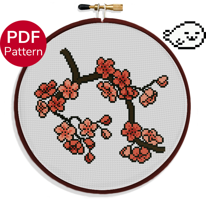 cross stitch pattern of a cherry blossom branch