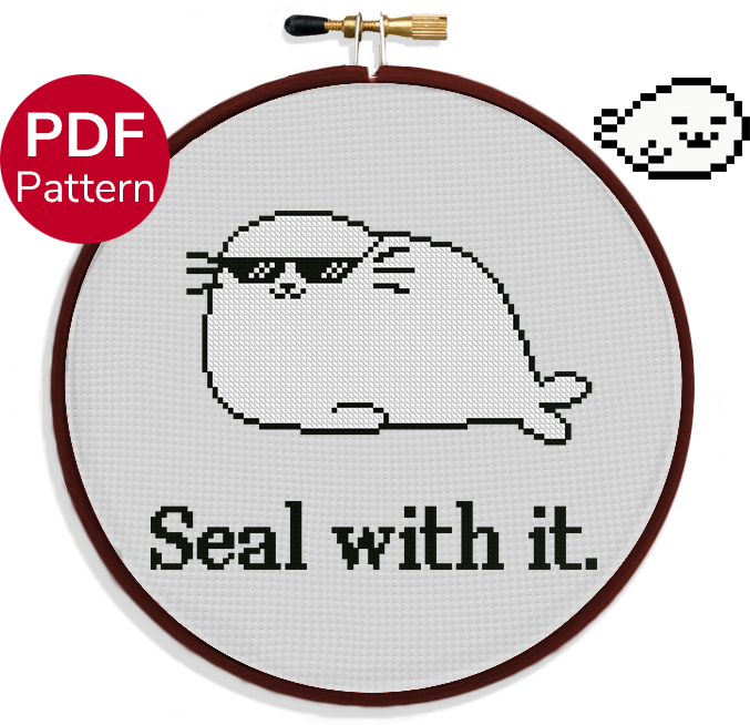 cross stitch pattern of a seal with sunglasses with the quote "Seal with it" under it