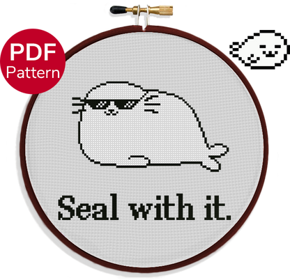 cross stitch pattern of a seal with sunglasses with the quote "Seal with it" under it