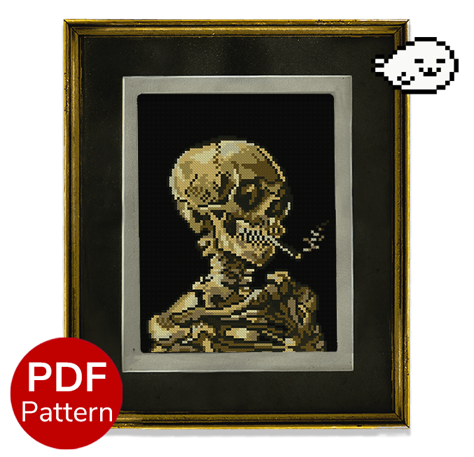 cross stitch pattern of the "skull of a skeleton with a burning cigarette" painting from van gogh