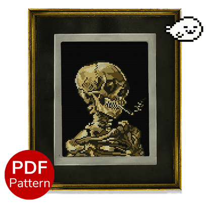 cross stitch pattern of the "skull of a skeleton with a burning cigarette" painting from van gogh