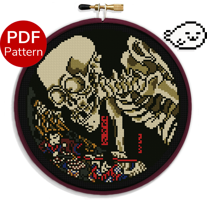 cross stitch pattern of a skeleton specter tormenting the living