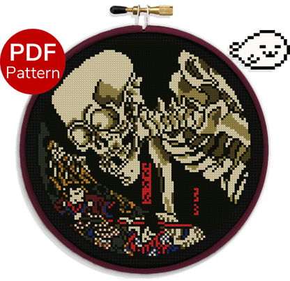 cross stitch pattern of a skeleton specter tormenting the living