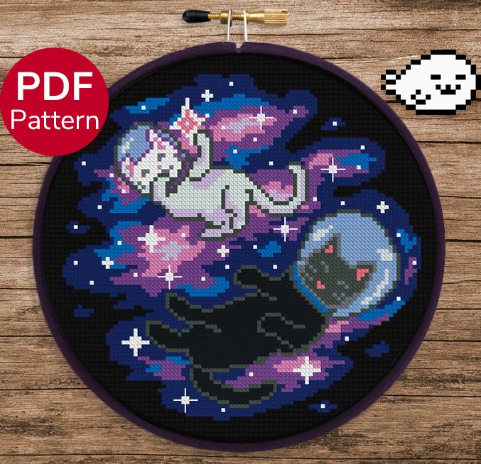 Halloween Space Cat - Finished store Cross Stitch