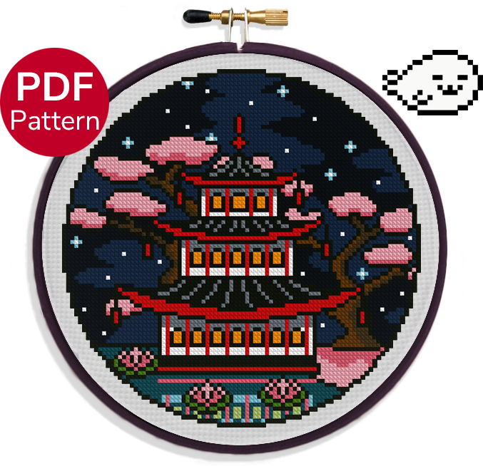 cross stitch pattern of a pagoda during the season of spring