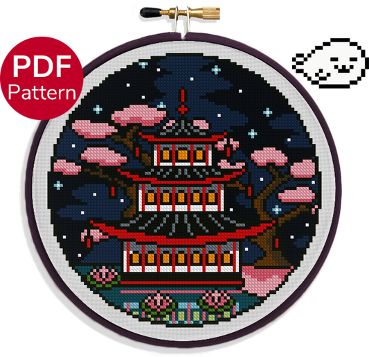 cross stitch pattern of a pagoda during the season of spring