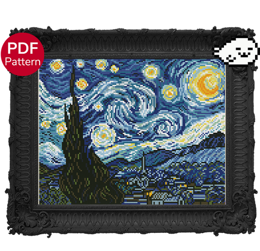 cross stitch pattern of the painting "Starry Night" by Van Gogh