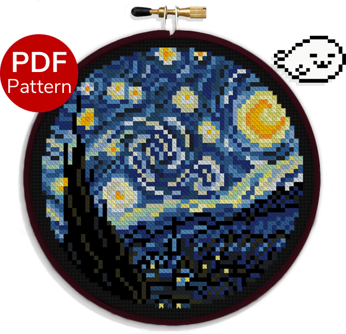 cross stitch pattern of the starry night painting by van gogh