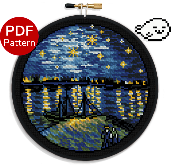 cross stitch pattern of the painting known as "starry night over the rhone" from van gogh