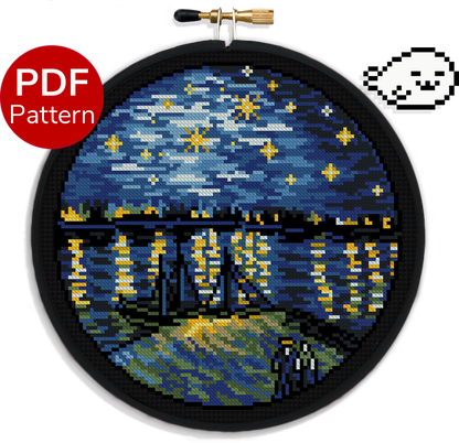 cross stitch pattern of the painting known as "starry night over the rhone" from van gogh