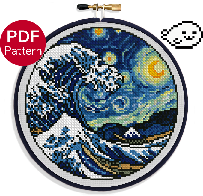 cross stitch pattern of a mashup of the painting starry wave and wood block great wave off kanagawa