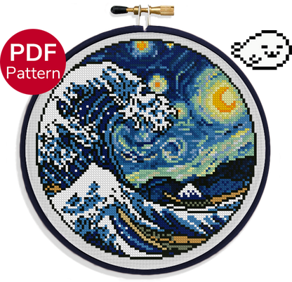 cross stitch pattern of a mashup of the painting starry wave and wood block great wave off kanagawa