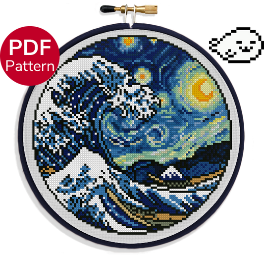 cross stitch pattern of a mashup of the painting starry wave and wood block great wave off kanagawa