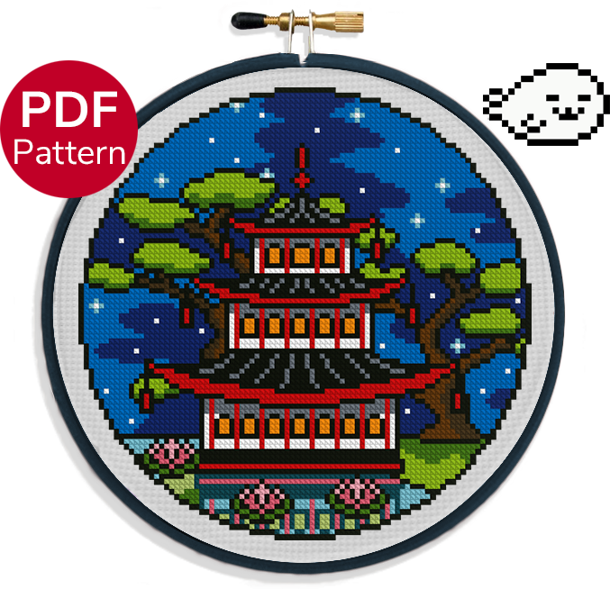 cross stitch pattern of a pagoda in the season of summer