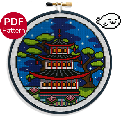 cross stitch pattern of a pagoda in the season of summer