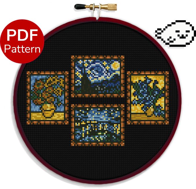 cross stitch pattern showing four small van gogh paintings, the sunflower, the irises, the starry night and the starry night over the rhone