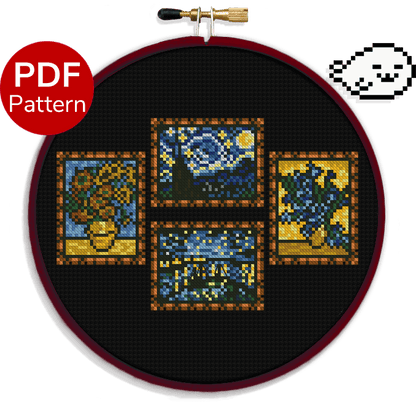 cross stitch pattern showing four small van gogh paintings, the sunflower, the irises, the starry night and the starry night over the rhone