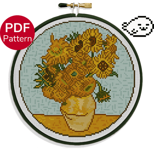 cross stitch pattern of Sunflowers inspired by Van Gogh painting of the same name