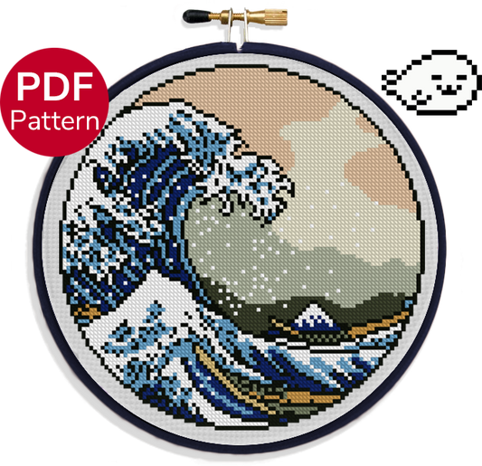 cross stitch pattern of the woodblock "The great wave off kanagawa"