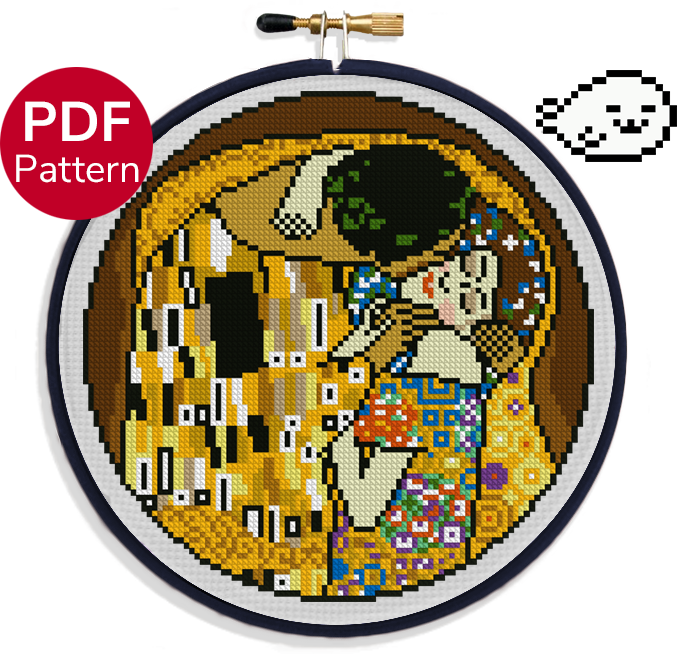 cross stitch pattern of the painting "the kiss" by gustav klimt