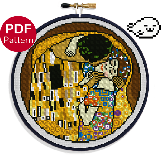 cross stitch pattern of the painting "the kiss" by gustav klimt